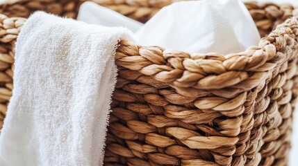 Obraz premium White towels in a woven laundry basket.