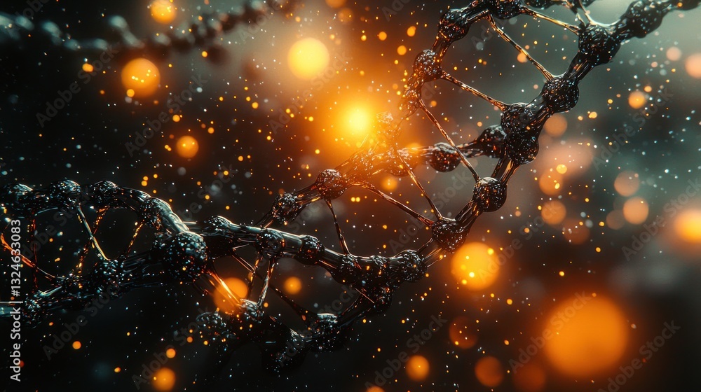 Poster abstract 3d rendering of dna strands with glowing particles.
