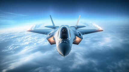 A modern futuristic air force fighter jet flying over the clouds against blue sky. 