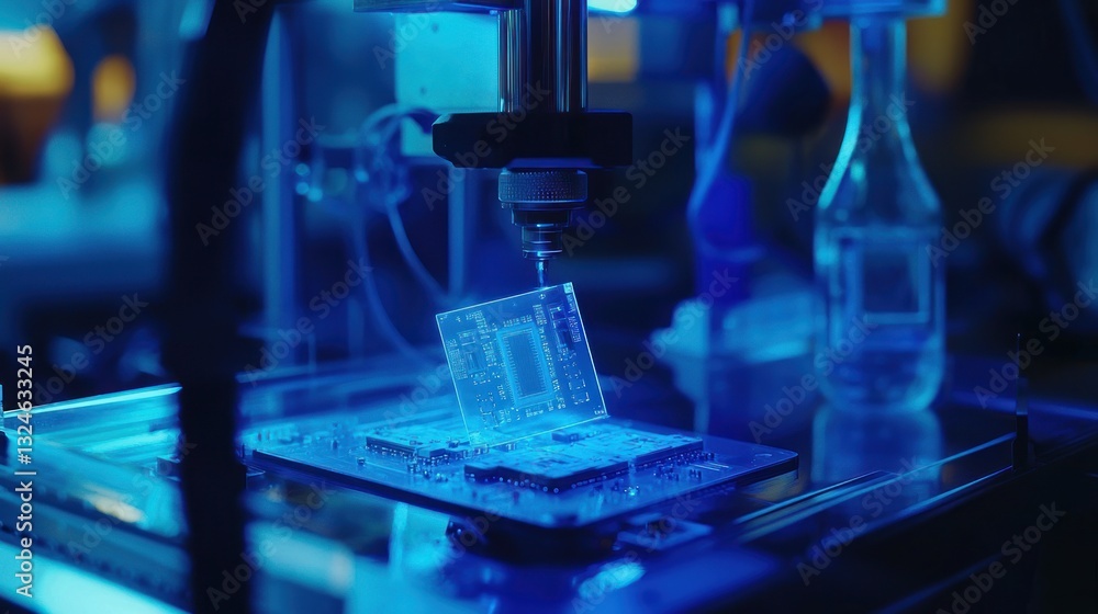 Aufkleber microchip production, precision robotic arm applying substance to circuit board.