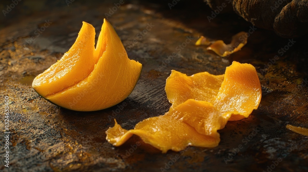 Poster close-up of ripe mango slices and peels on rustic surface.