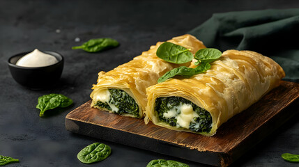 Golden Baked Spinach Puff Pastry Rolls On Wooden Board with Cream Dip and Green Napkin on Dark Surface