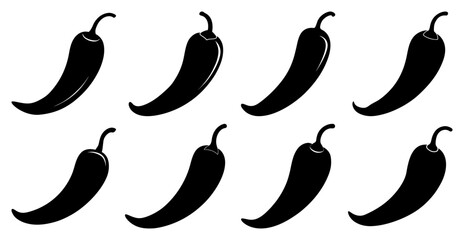 Set of eight chili pepper silhouettes. Spicy food, Mexican cuisine, hot pepper icons.