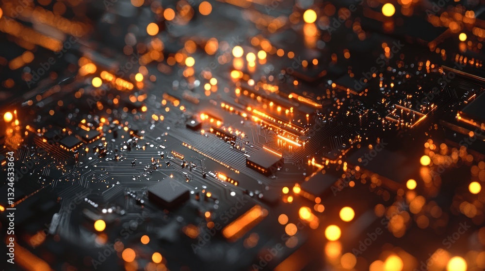 Poster close-up of illuminated circuit board, showcasing intricate details and glowing components.