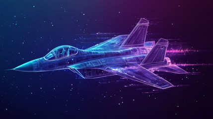 High speed concept. Fighter jet in the form of a starry sky or space, consisting of points, lines, and shapes in the form of planets, stars and the universe. Vector wireframe concept. Blue purple