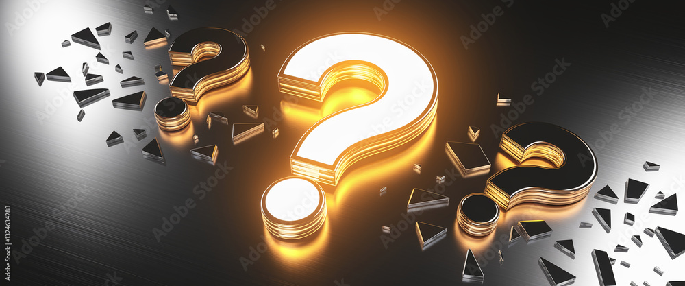 Poster glowing gold question marks on dark metallic surface, surrounded by shattered fragments, symbolizing