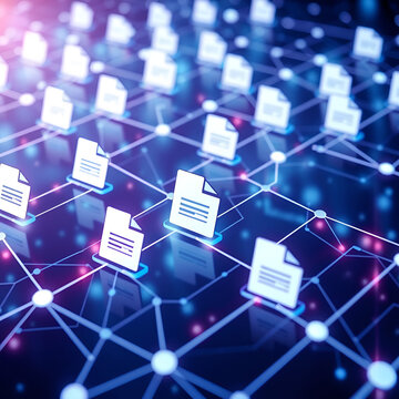 Abstract network grid with files and folders, futuristic software interface, digital document management system, store, search and organize documents, corporate business, paperless office