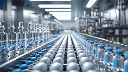 Obraz premium Drug manufacturing process. Conveyor with medical ampoules line at a modern pharmaceutical plant. Pharmacology production, medicine industry from laboratory 2 factory, pharmacy. Healthcare, pharma 3D