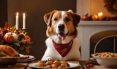 Adorable dog in a red bandana sitting at a festive Thanksgiving table with roasted turkey, candles, and autumn decor, creating a cozy holiday atmosphere.