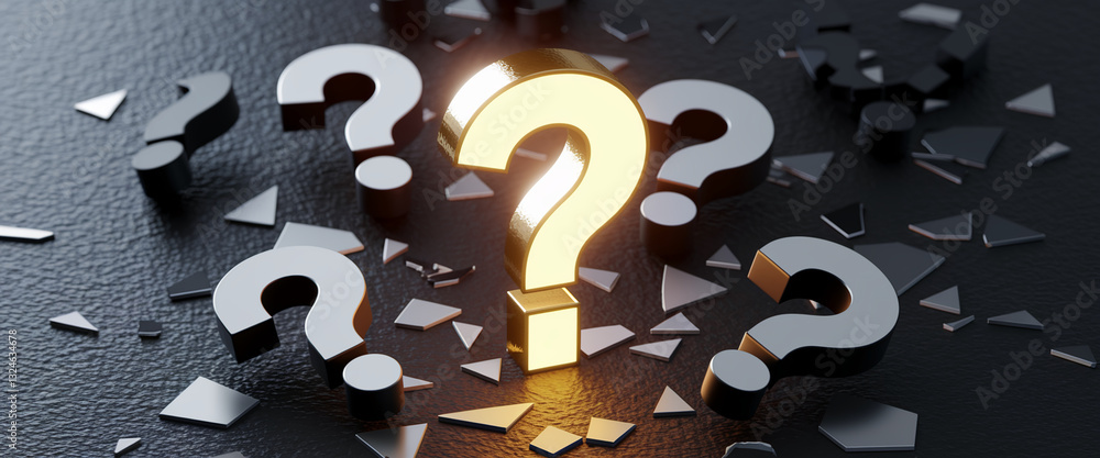 Poster golden question mark glows amidst scattered, dark gray question marks and fragments, symbolizing fin