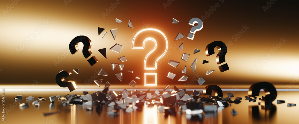 Poster Glowing question mark surrounded by shattering question marks on gold background, symbolizing finding answers, solving problems, or uncertainty resolution