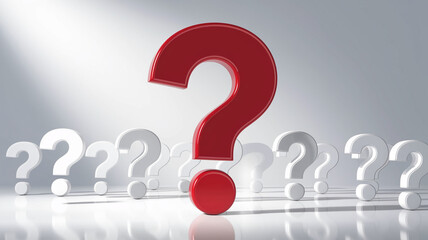Red question mark stands out among white ones, symbolizing leadership, uniqueness, or a different perspective in a problem-solving concept