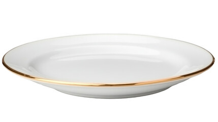 A stylish white plate featuring a delicate gold rim, isolated on a transparent background.