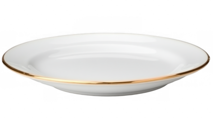 A stylish white plate featuring a delicate gold rim, isolated on a transparent background.