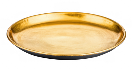 An elegant round serving plate with a shiny gold interior and matte black exterior, isolated on a transparent background.