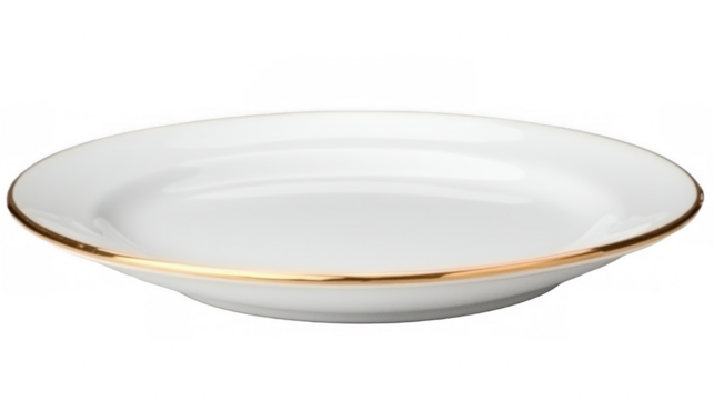 A stylish white plate featuring a delicate gold rim, isolated on a transparent background.