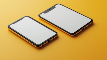 Fototapeta premium Two stylish frameless smartphones with a golden edge on an yellow surface