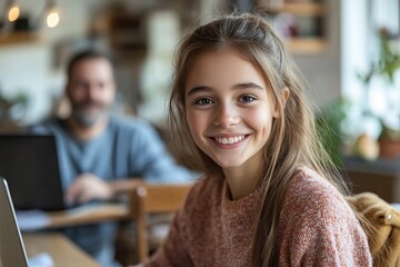 a teenage girl smiling at the camera while her father works in the background.
