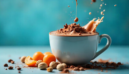 Rich & Creamy Hot Chocolate, A Cascade of Nuts, Chocolate & Apricots, traditional winter warmer. Christmas or Thanksgiving hot drink, created with generative ai