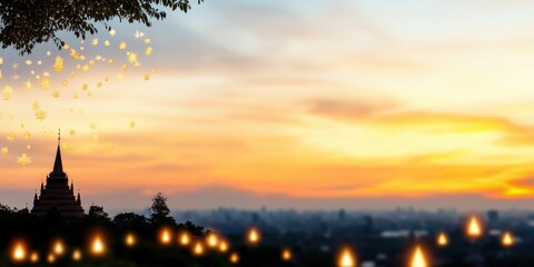 Fototapeta premium buddhist temple sunset, a vivid sunset sky illuminates a buddhist temple silhouette, with flickering oil lamps and balanced text composition