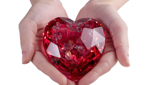 Woman holding a red crystal heart with transparent background