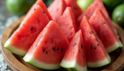 Fresh juicy watermelon slices arranged attractively on rustic wooden platter showcasing vibrant summer fruit with refreshing texture and vivid colors perfect for healthy snacking or entertaining