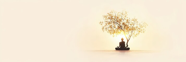religious web banner, create a sleek web banner for buddha purnima, featuring a bodhi tree, meditating monk, and calm pastel colors