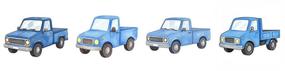 Fototapeta premium Watercolor Blue Pickup Trucks Clipart - Charming watercolor painting of four blue pickup trucks, symbolizing transportation, work, adventure, freedom, and rural life
