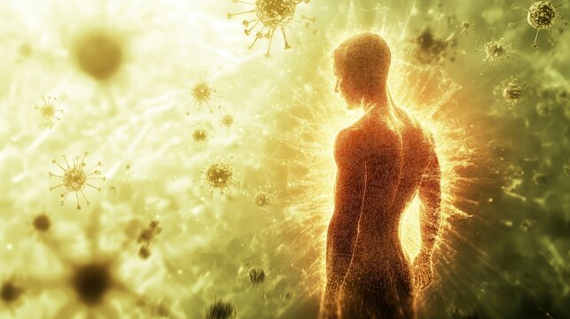 Digital representation of a human silhouette amidst symbolic virus particles