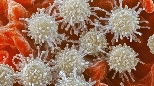 3d illustration of white blood cells attacking cancer cells on red background