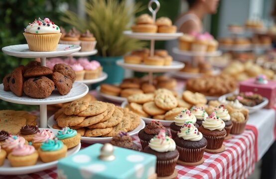 Various freshly baked goods displayed on table for charity bake sale. Cupcakes, cookies, pies assortment. Treats decorated with frosting, sprinkles. Homemade baking for fundraising event, tasty snack.
