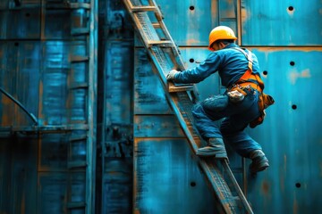 Portrait of Metal Construction Worker Climbing on Ladder
