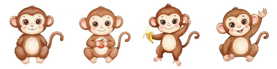 Adorable Watercolor Monkeys Clipart - Four cute baby monkeys in watercolor , each with a different pose and prop. Symbolizing playfulness, childhood, friendship, nature, and joy