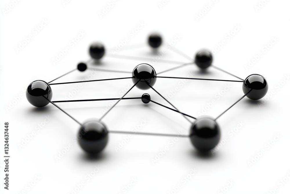 Poster exploring the dynamic network of connections with moving spheres in a minimalist design, network of 