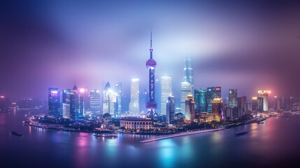 Obraz premium Night cityscape, illuminated skyscrapers, hazy skyline, river reflection.