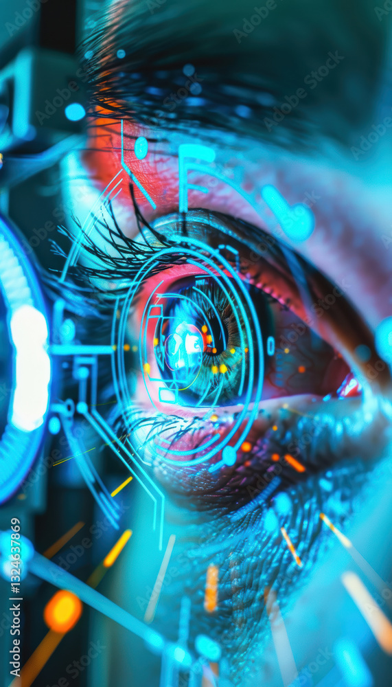 Poster futuristic ai eye scan for early cataract detection with holographic display analysis
