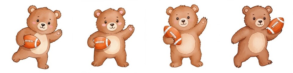 Fototapeta premium Watercolor Bears Playing Football Clipart - Adorable watercolor illustration of four brown bears playfully interacting with footballs. Symbolizing: fun, teamwork, sport, childhood, and friendship