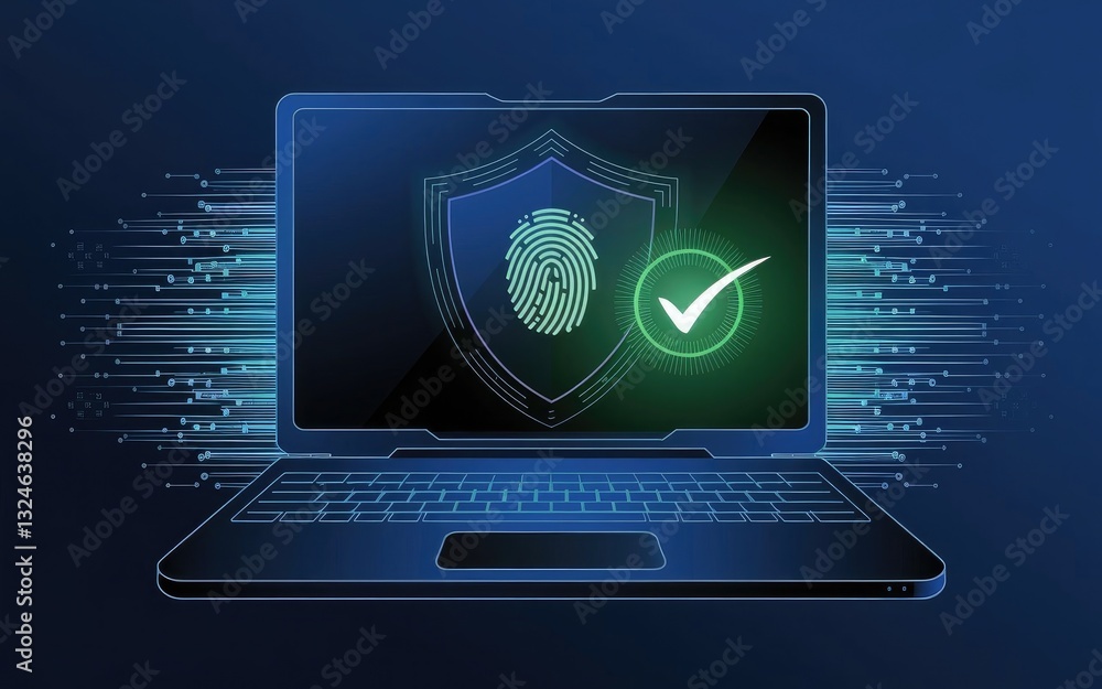 Poster digital security shield: a laptop displays a digital security shield with a fingerprint, symbolizing
