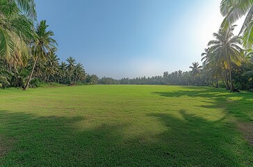 Fototapeta premium Lush Green Field Surrounded by Tropical Trees Under a Clear Blue Sky in a Serene Rural Landscape Perfect for Nature and Outdoor Themes