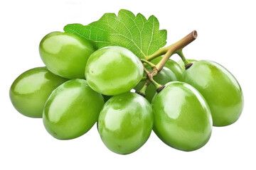 Obraz premium A cluster of shiny green grapes with a leaf on an isolated transparent background, showcasing freshness and vitality.