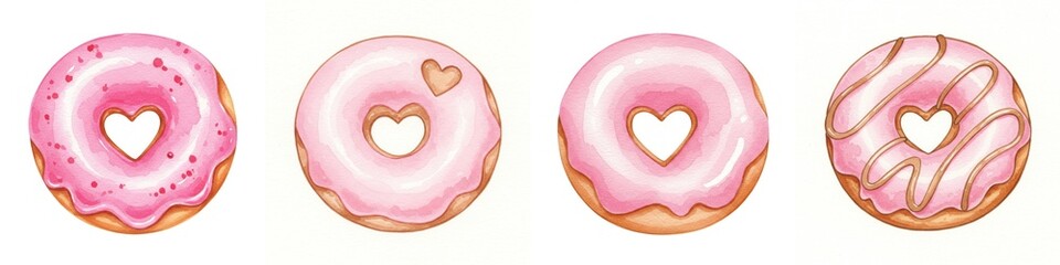 Pink Donuts with Heart Shaped Holes Watercolor Illustration - Sweet pink donuts with heart-shaped cutouts, symbolizing love, sweetness, Valentine's Day, bakery treats, and delightful desserts