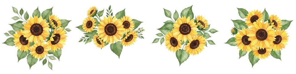 Naklejka premium Sunflowers and Leaves Watercolor Clipart Bouquet - Vibrant watercolor sunflowers, leaves, floral, nature, summer. Symbolizing joy, warmth, happiness, growth, and new beginnings