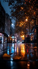 Naklejka premium Rainy City Night Street Lights Reflection