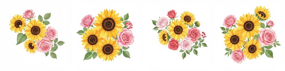 Naklejka premium Watercolor Sunflowers and Roses Bouquet Illustration - A vibrant watercolor painting of sunflowers and roses, symbolizing joy, love, warmth, beauty, and summer