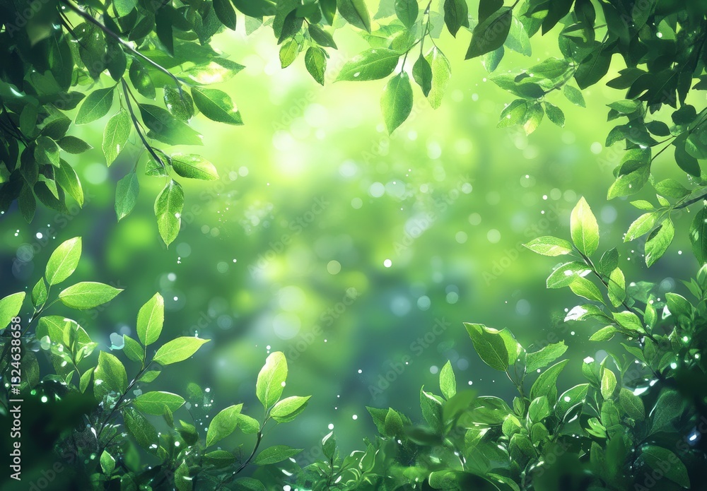 Poster lush green foliage with soft light and delicate bokeh effect from a sunlit forest canopy in a tranqu