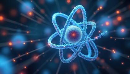 Science tech background featuring detailed atom model with flying electrons in blue shades. Conceptual design suits scientific research, physics, chemistry projects, molecular structure, energy