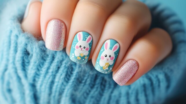 Cute bunny nail art with glitter on woman's hand in blue sweater. Easter, Pascha, Paskha, Ostern, Pascua, Paques - Orthodox and Catholic Holiday celebration