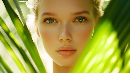 Fototapeta premium Woman's Face Framed by Lush Green Leaves