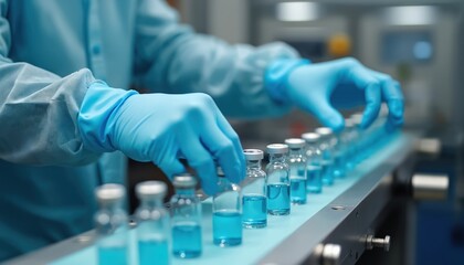 Lab technician in blue gloves oversees vaccine vials on pharmaceutical production line. Sterile manufacturing operations ensure healthcare medicine quality control, safety, precision with science,