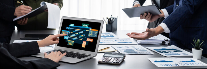 Software development or programming work with coding screen of various programming languages like HTML, Python, Java, and C brisk for new application development